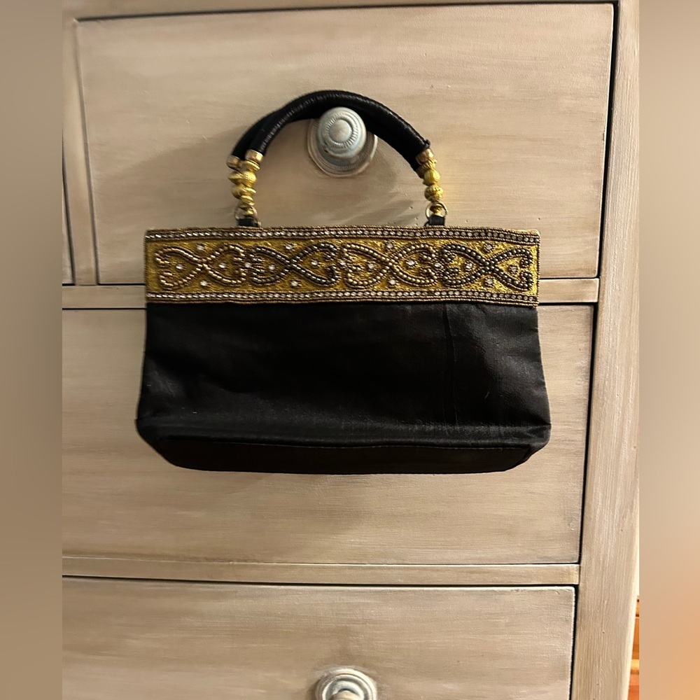 Vintage Suede Handbag with Gold Embroidered Beads